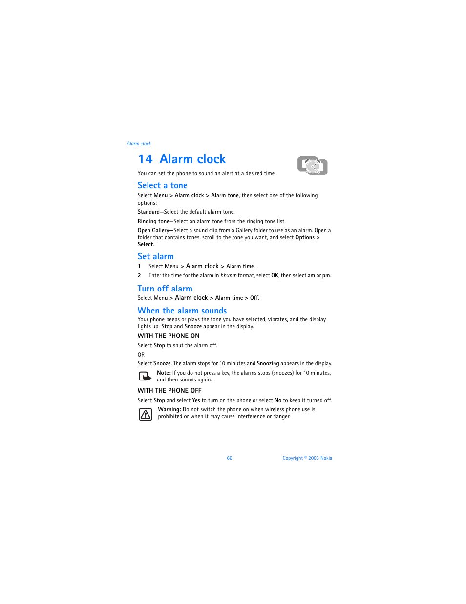 14 alarm clock, Alarm clock, Select a tone | Set alarm, Turn off alarm, When the alarm sounds | Nokia 3100b User Manual | Page 73 / 129