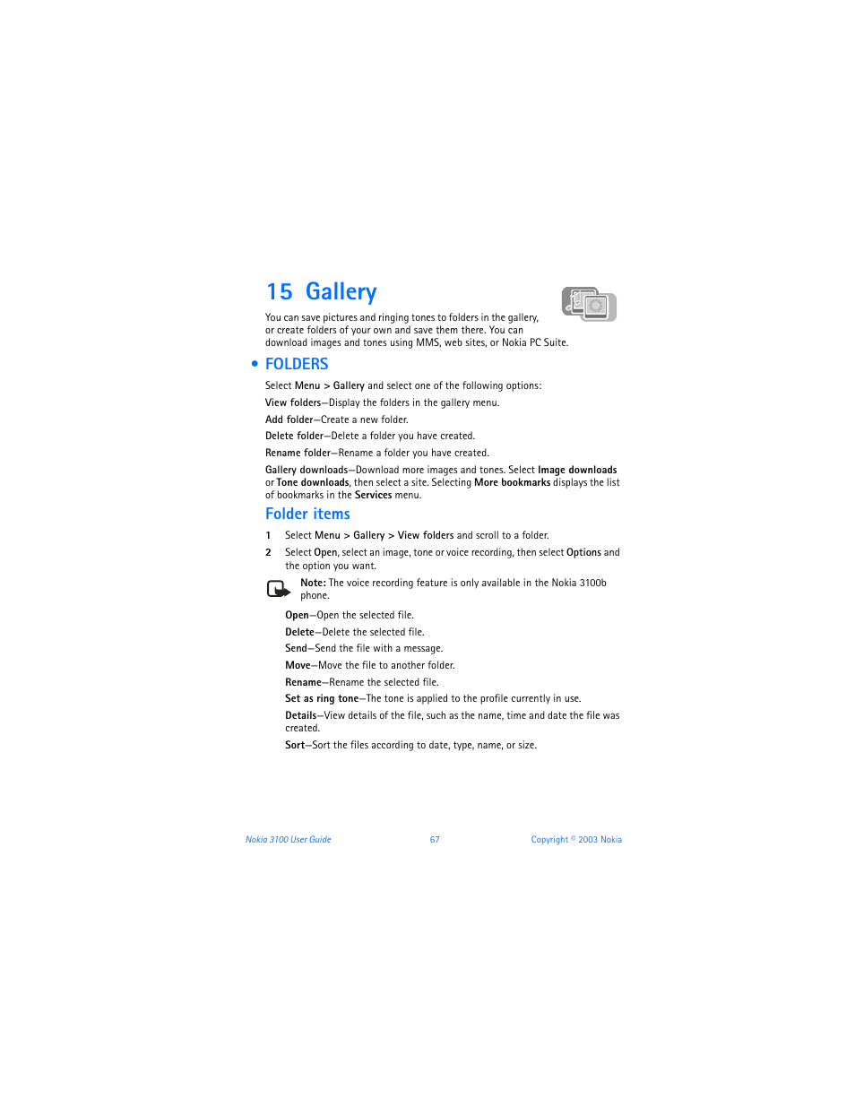15 gallery, Folders, Gallery | Folder items | Nokia 3100b User Manual | Page 74 / 129