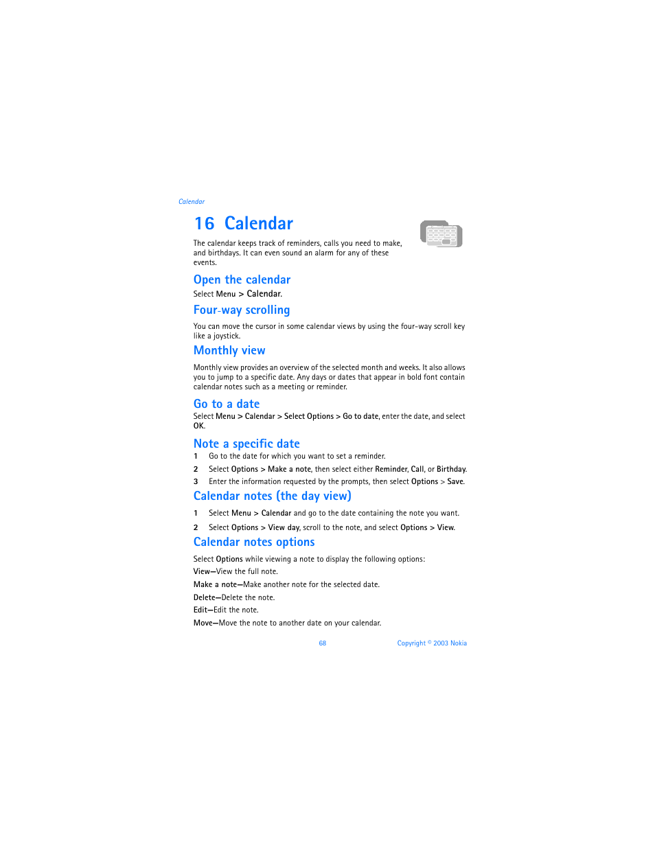 16 calendar, Calendar, Open the calendar | Four, Way scrolling, Monthly view, Go to a date | Nokia 3100b User Manual | Page 75 / 129