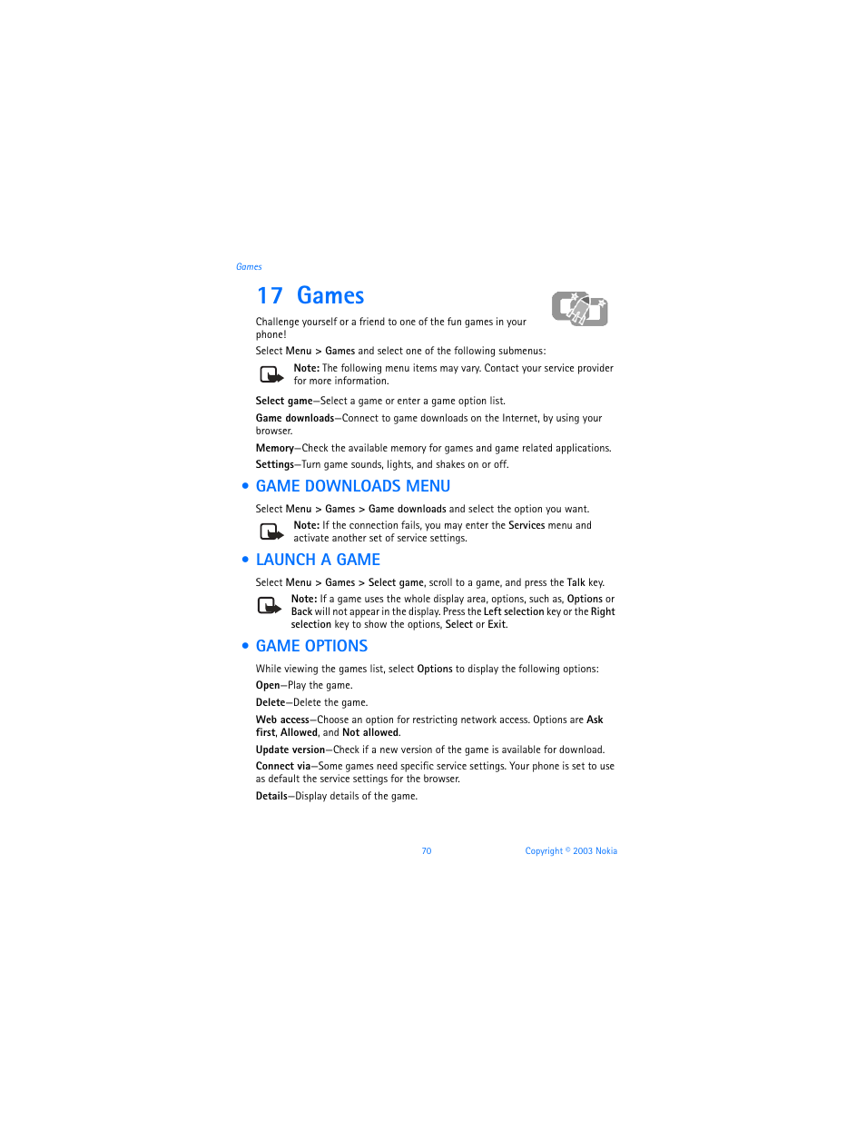 17 games, Game downloads menu, Launch a game | Game options, Games, Game downloads menu launch a game game options | Nokia 3100b User Manual | Page 77 / 129