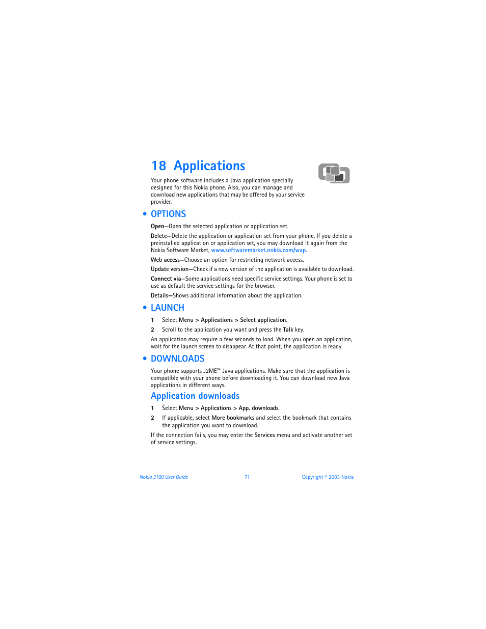 18 applications, Options, Launch | Downloads, Applications, Options launch downloads, Application downloads | Nokia 3100b User Manual | Page 78 / 129