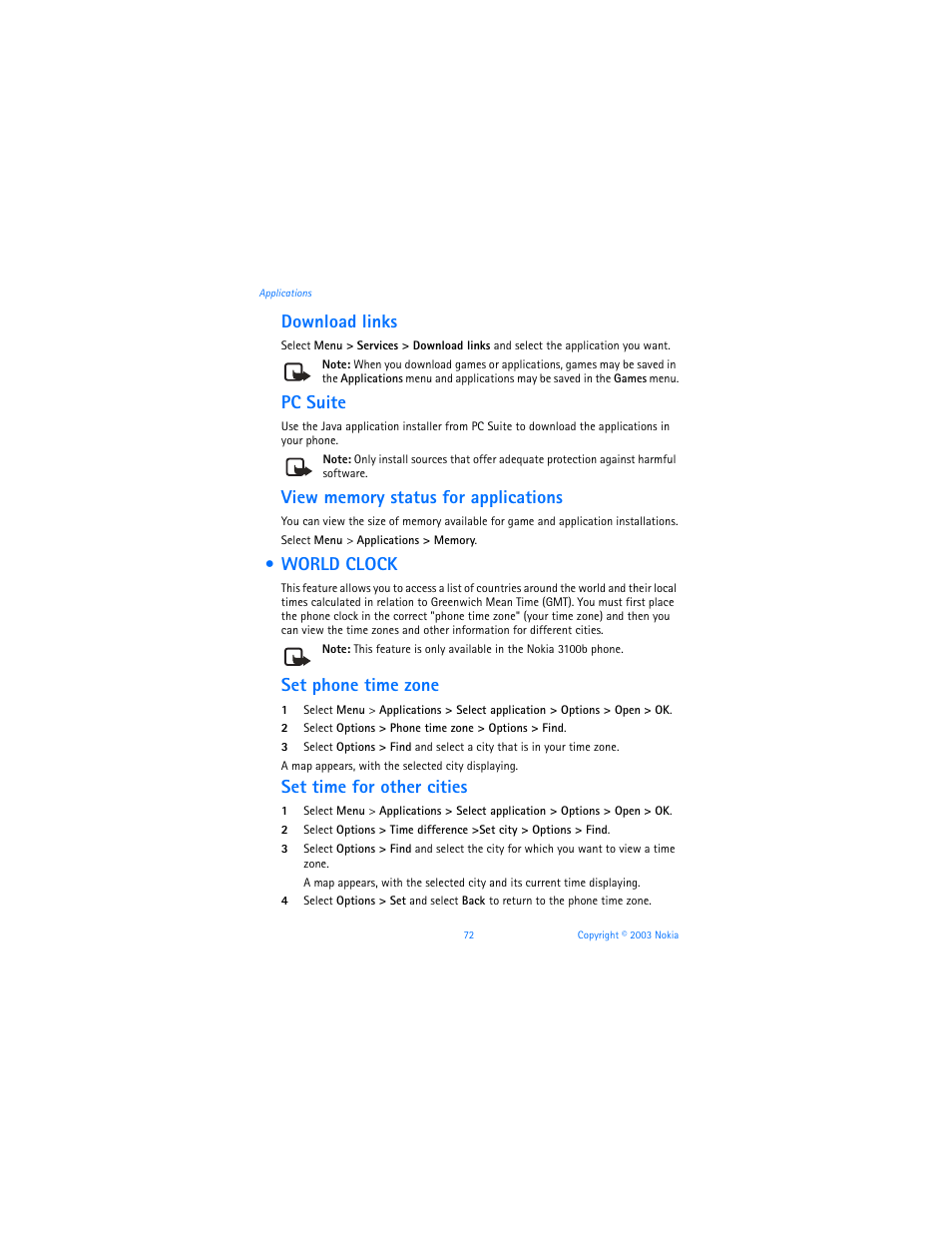 World clock, Download links, Pc suite | Set phone time zone, Set time for other cities | Nokia 3100b User Manual | Page 79 / 129