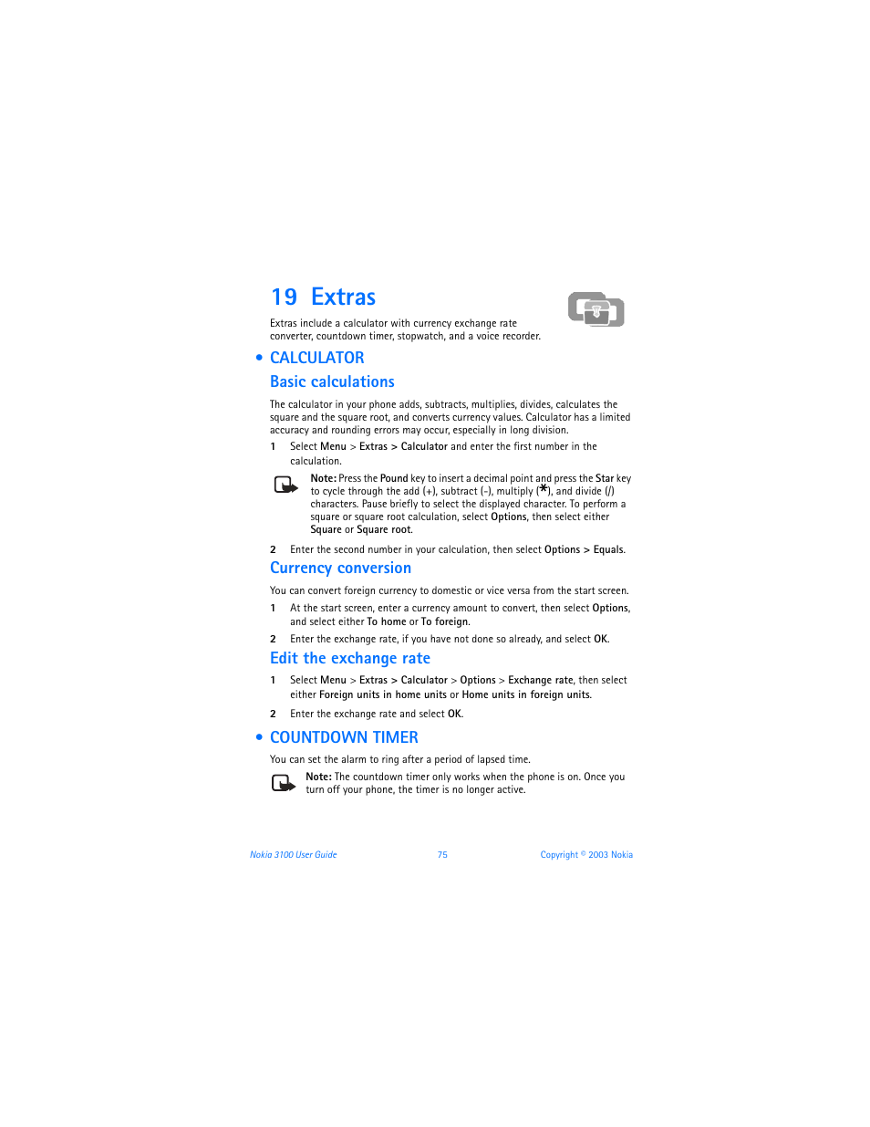 19 extras, Calculator, Countdown timer | Extras, Calculator countdown timer, Calculator basic calculations, Currency conversion, Edit the exchange rate | Nokia 3100b User Manual | Page 82 / 129