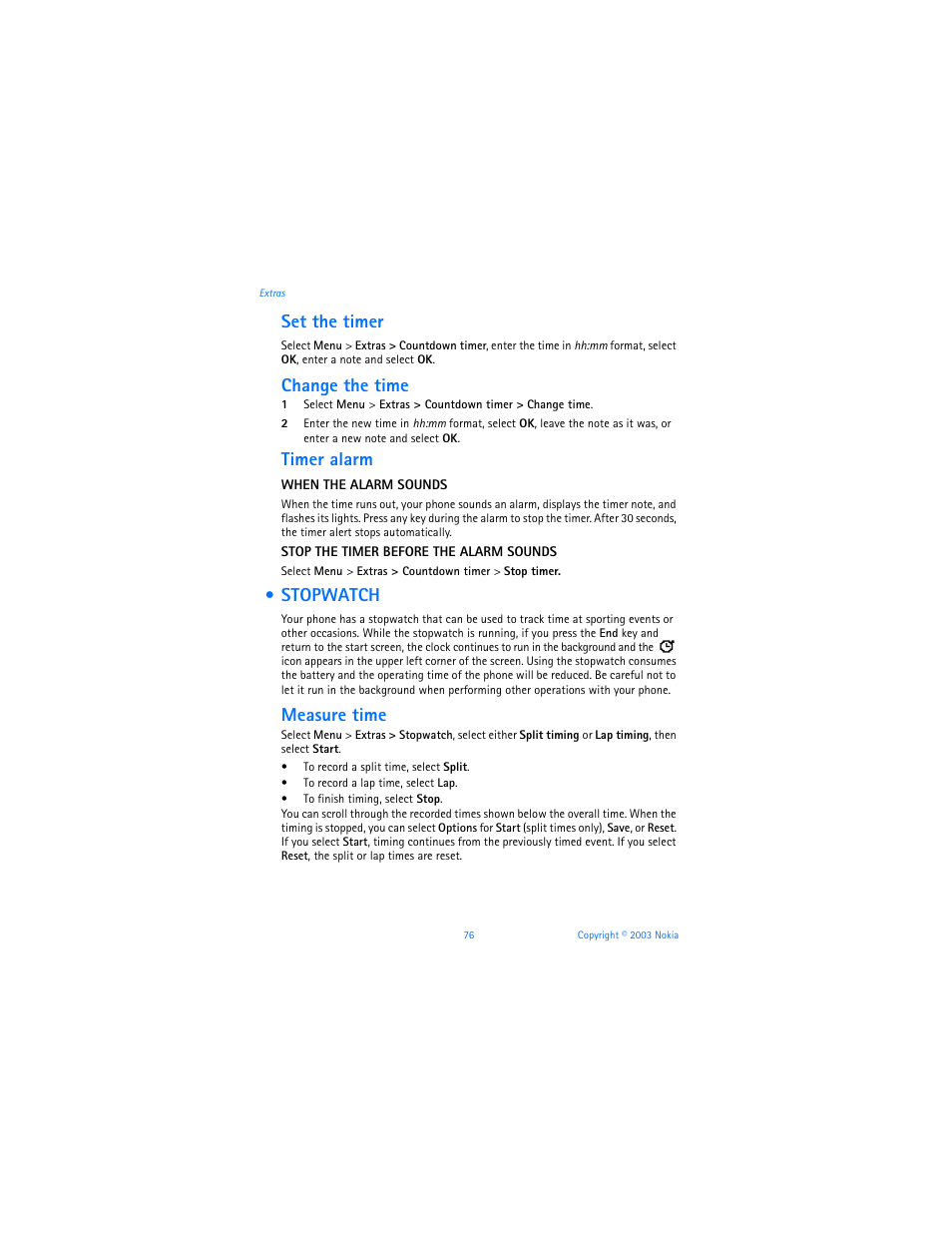 Stopwatch, Set the timer, Change the time | Timer alarm, Measure time | Nokia 3100b User Manual | Page 83 / 129