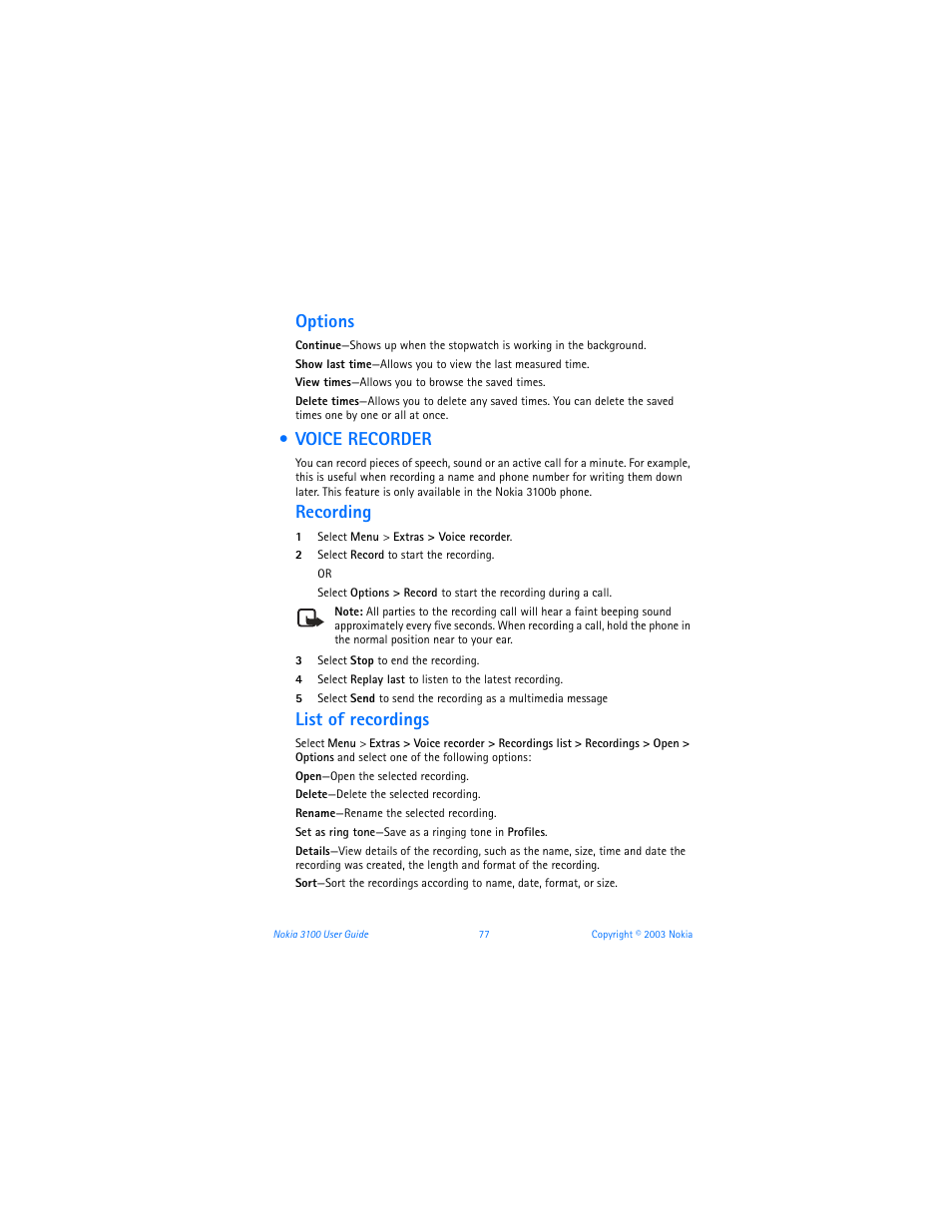 Voice recorder, Options, Recording | List of recordings | Nokia 3100b User Manual | Page 84 / 129