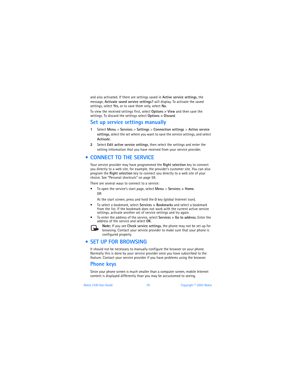 Connect to the service, Set up for browsing, Connect to the service set up for browsing | Set up service settings manually, Phone keys | Nokia 3100b User Manual | Page 86 / 129