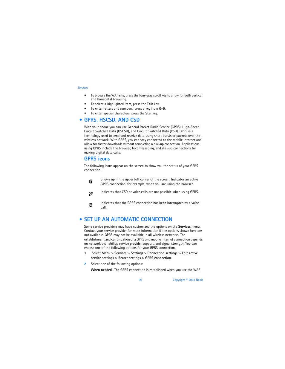Gprs, hscsd, and csd, Set up an automatic connection, Gprs, hscsd, and csd set up an automatic | Gprs icons | Nokia 3100b User Manual | Page 87 / 129