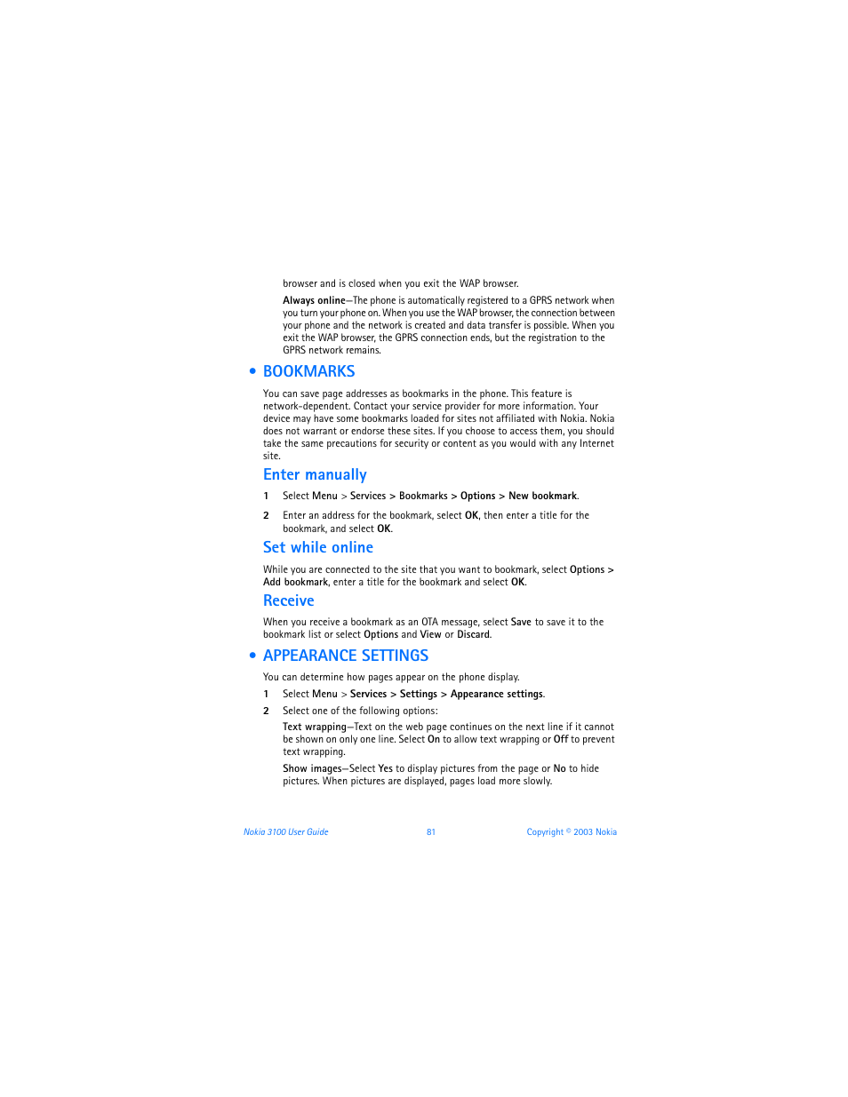 Bookmarks, Appearance settings, Bookmarks appearance settings | Enter manually, Set while online, Receive | Nokia 3100b User Manual | Page 88 / 129