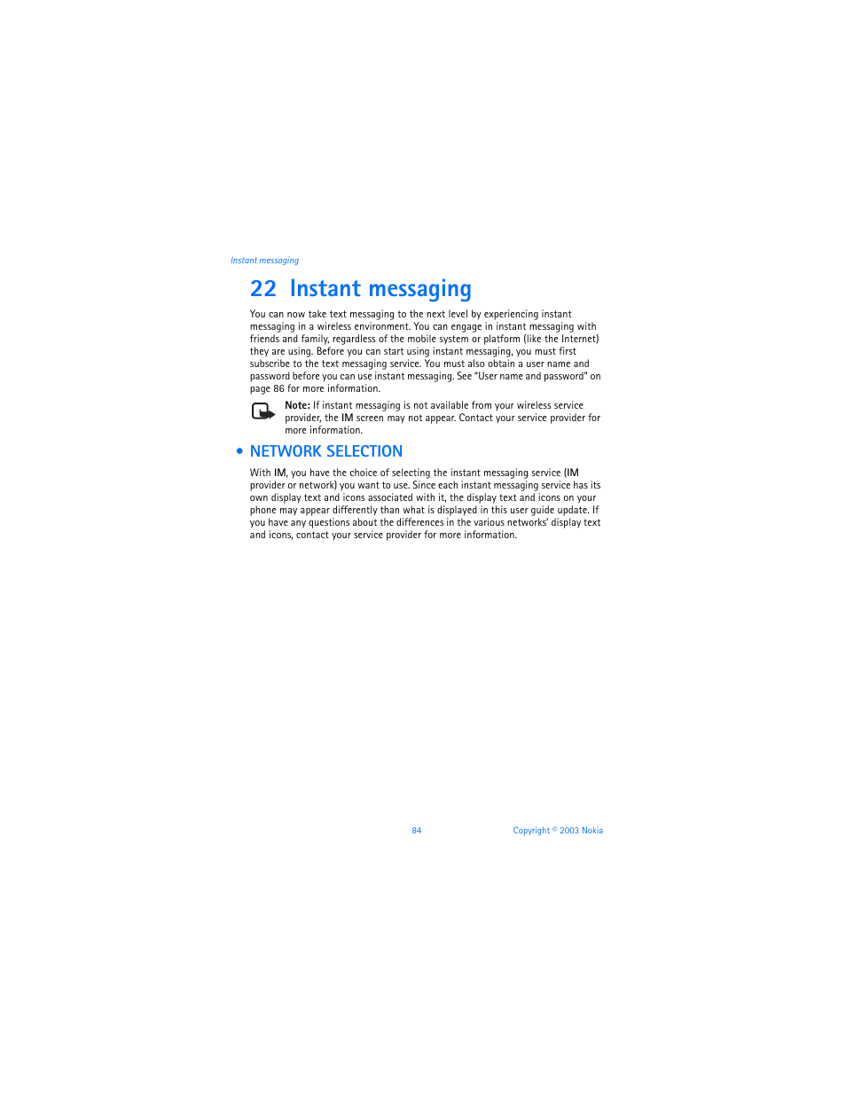 22 instant messaging, Network selection, Instant messaging | Nokia 3100b User Manual | Page 91 / 129