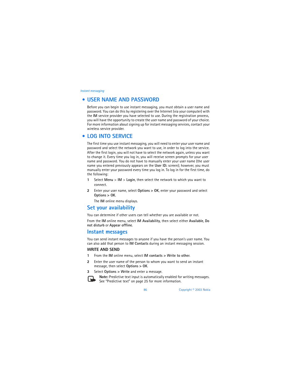 User name and password, Log into service, User name and password log into service | Set your availability, Instant messages | Nokia 3100b User Manual | Page 93 / 129