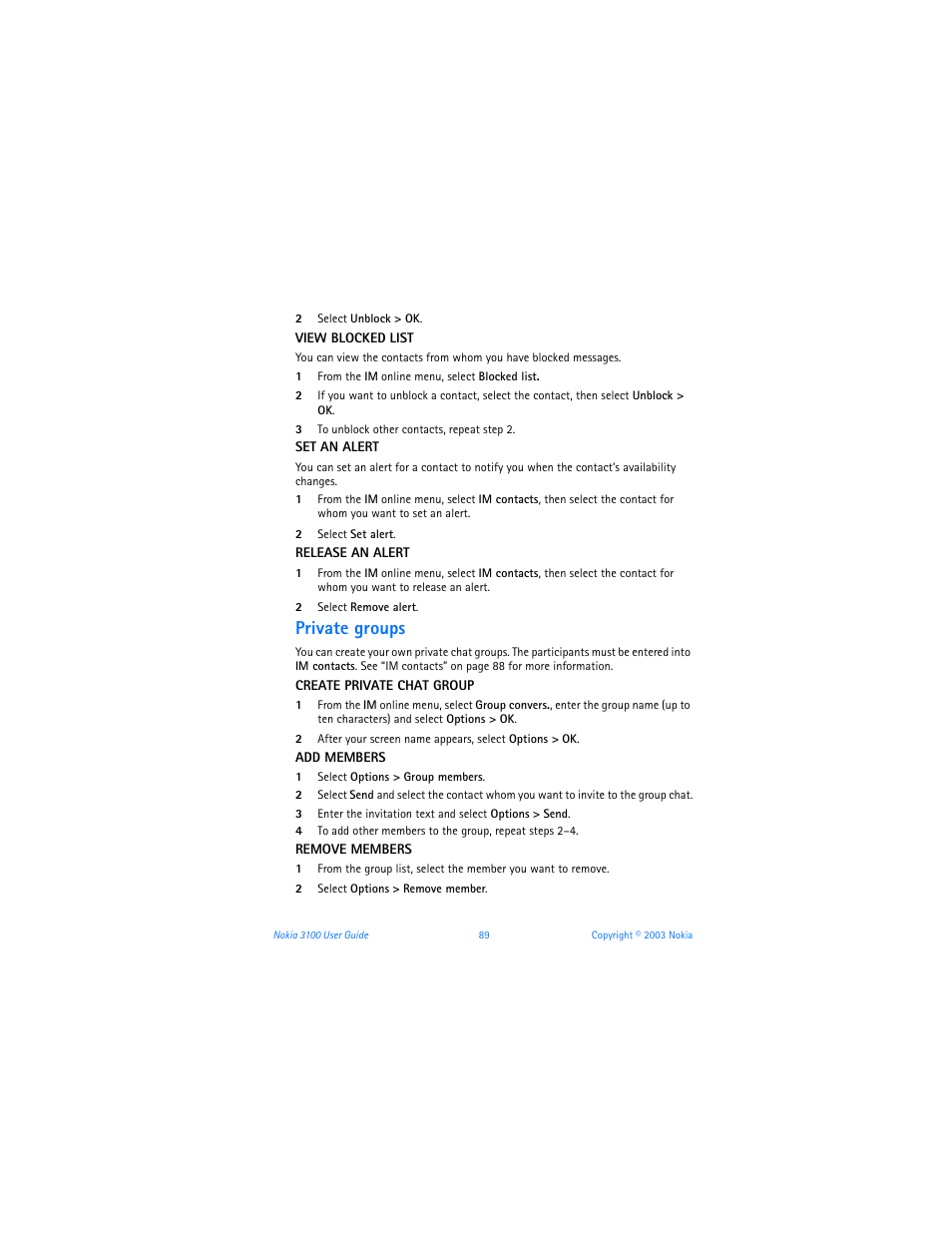 Private groups | Nokia 3100b User Manual | Page 96 / 129