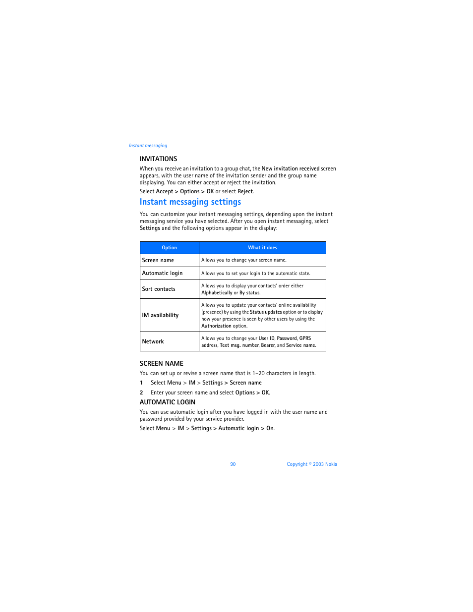 Instant messaging settings | Nokia 3100b User Manual | Page 97 / 129