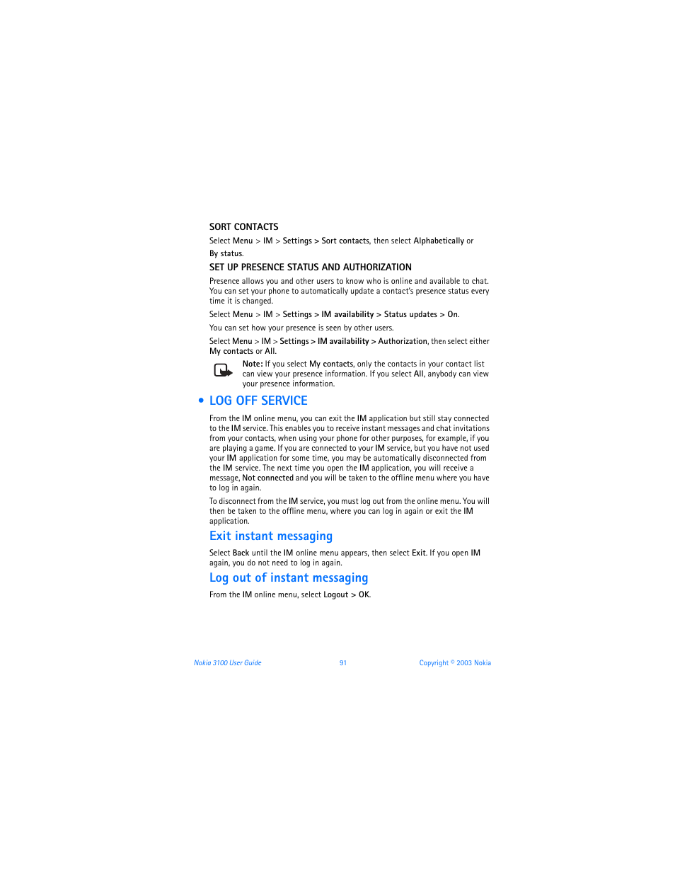 Log off service, Exit instant messaging, Log out of instant messaging | Nokia 3100b User Manual | Page 98 / 129