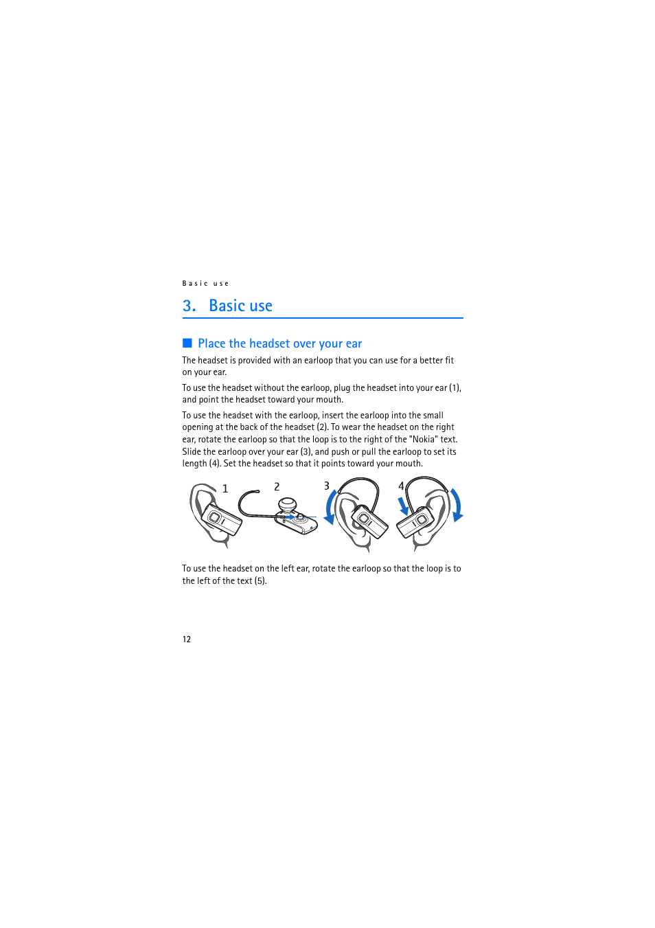 Basic use, Place the headset over your ear | Nokia BH-800 User Manual | Page 12 / 18