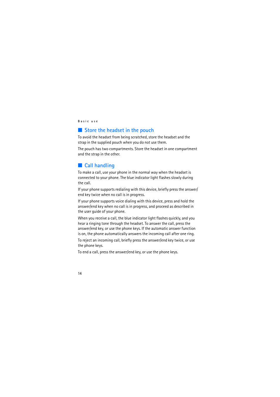 Store the headset in the pouch, Call handling, Store the headset in the pouch call handling | Nokia BH-800 User Manual | Page 14 / 18