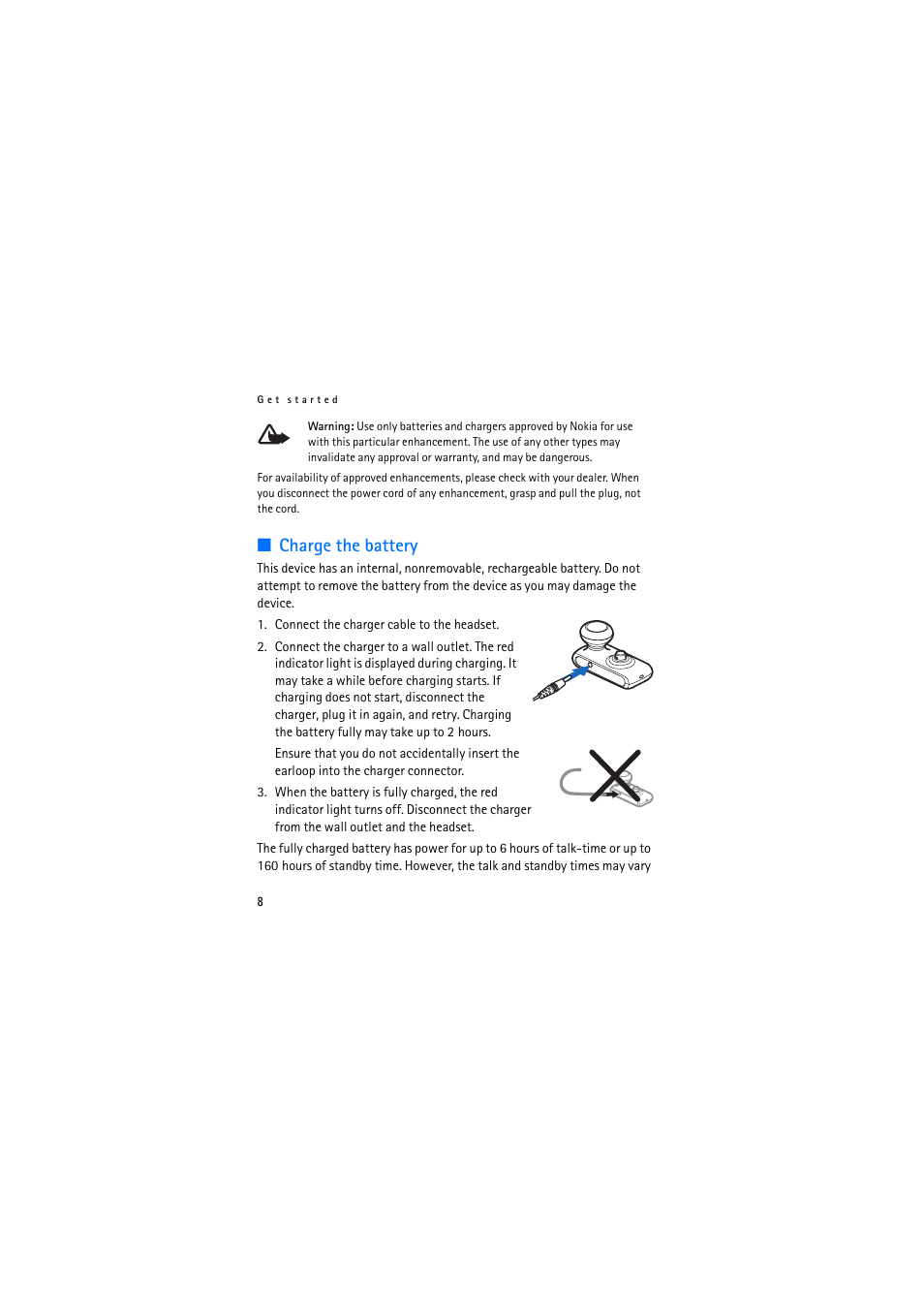 Charge the battery | Nokia BH-800 User Manual | Page 8 / 18