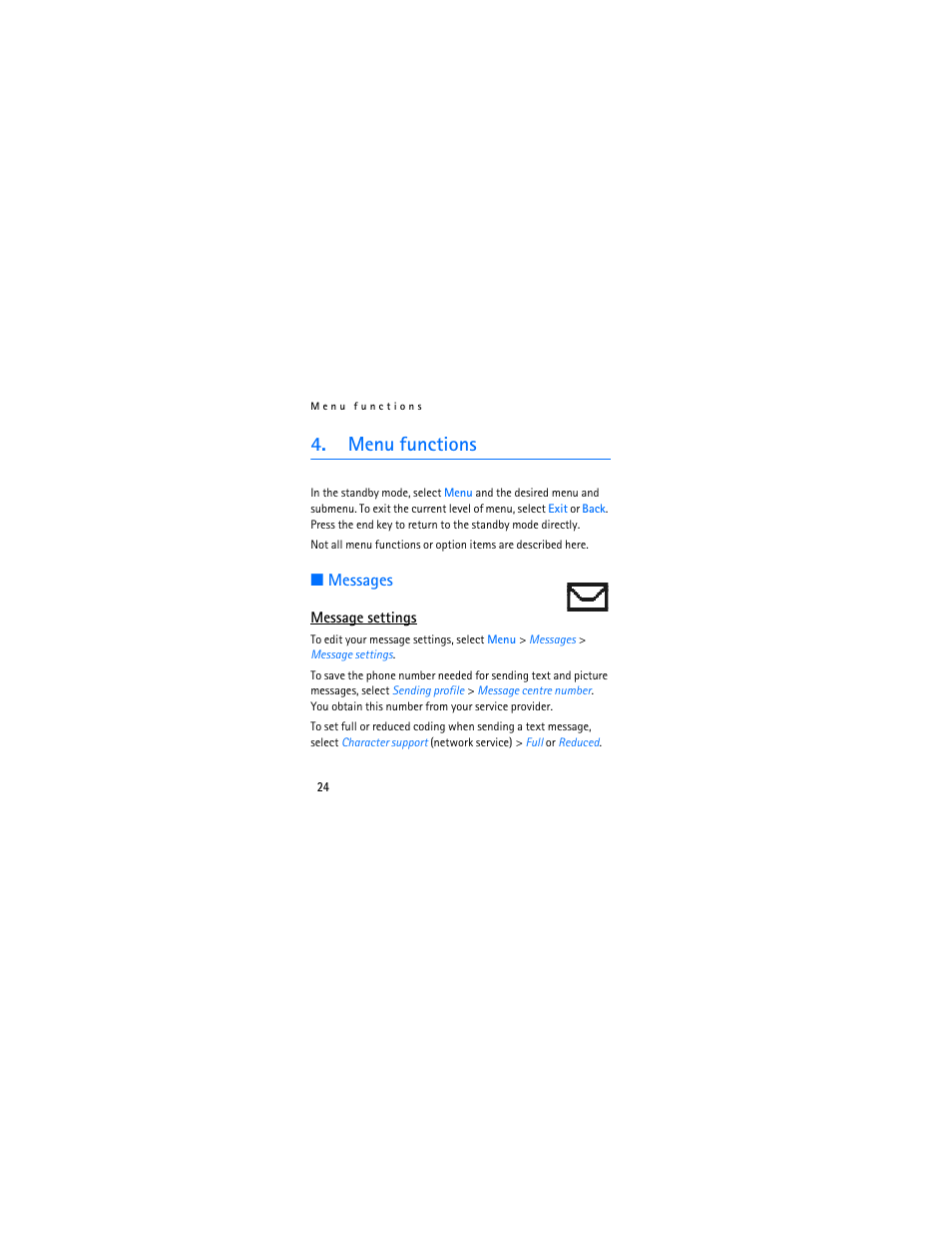 Menu functions, Messages, Message settings | Nokia 1110i User Manual | Page 24 / 56