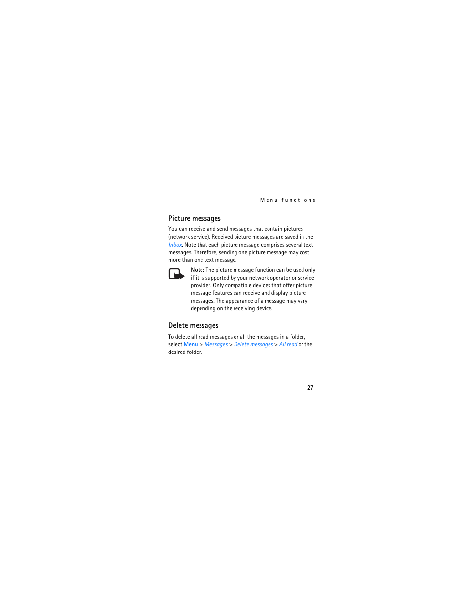 Picture messages, Delete messages | Nokia 1110i User Manual | Page 27 / 56