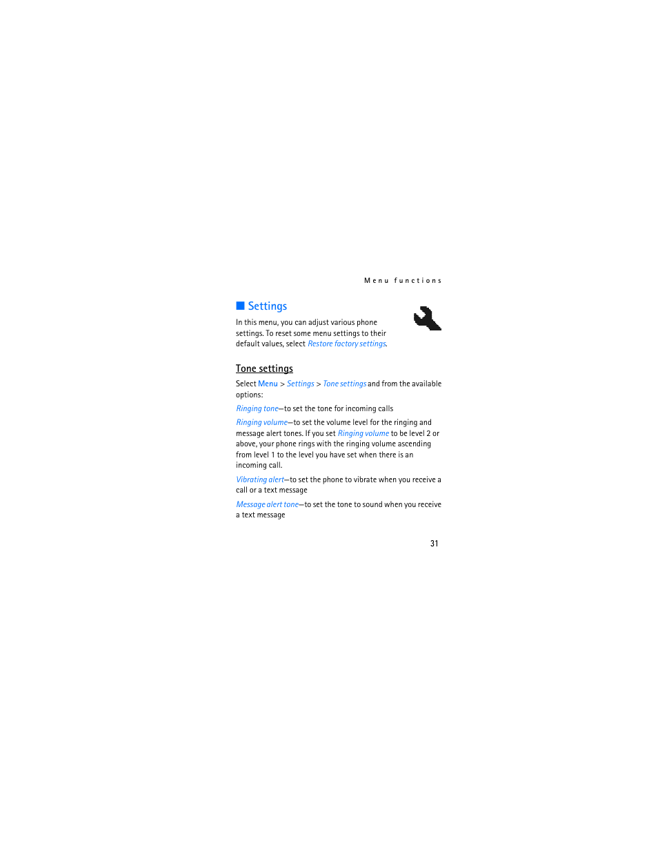 Settings, Tone settings | Nokia 1110i User Manual | Page 31 / 56