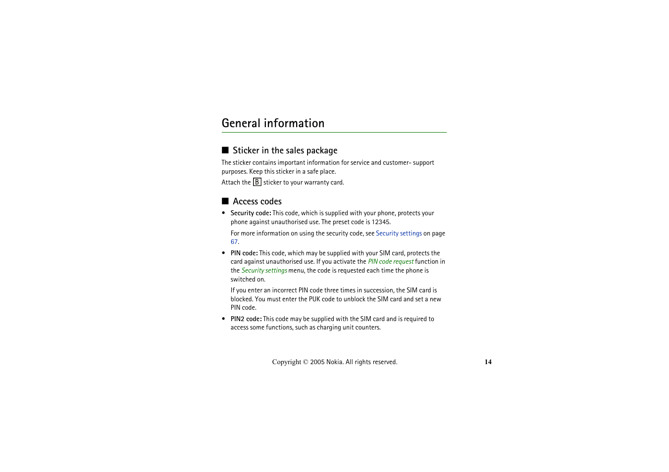 General information, Sticker in the sales package, Access codes | Sticker in the sales package access codes | Nokia 2652 User Manual | Page 14 / 99