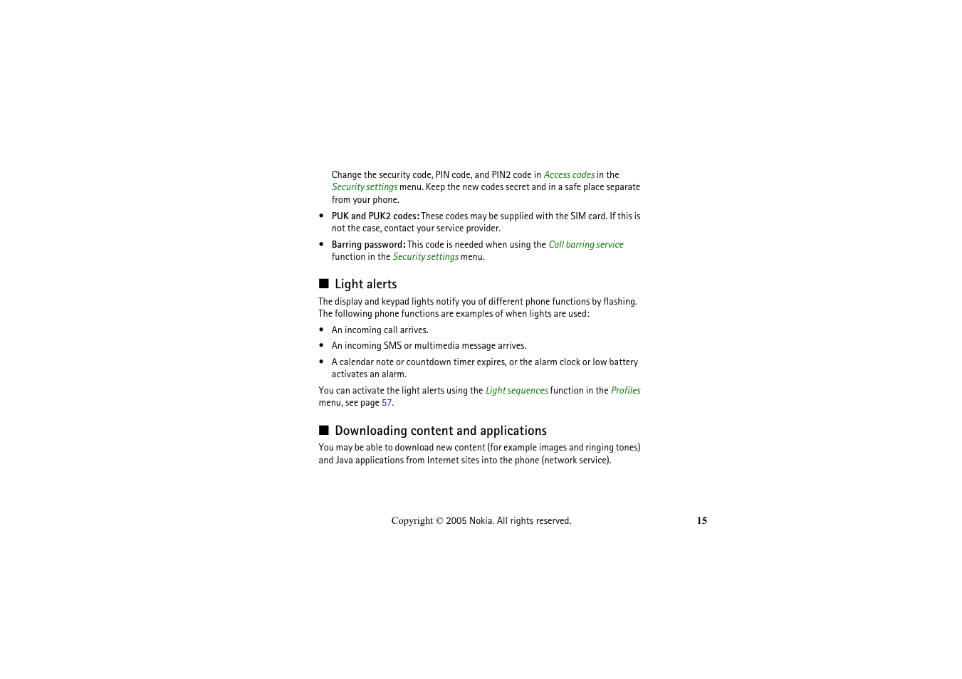 Light alerts, Downloading content and applications, Light alerts downloading content and applications | Nokia 2652 User Manual | Page 15 / 99