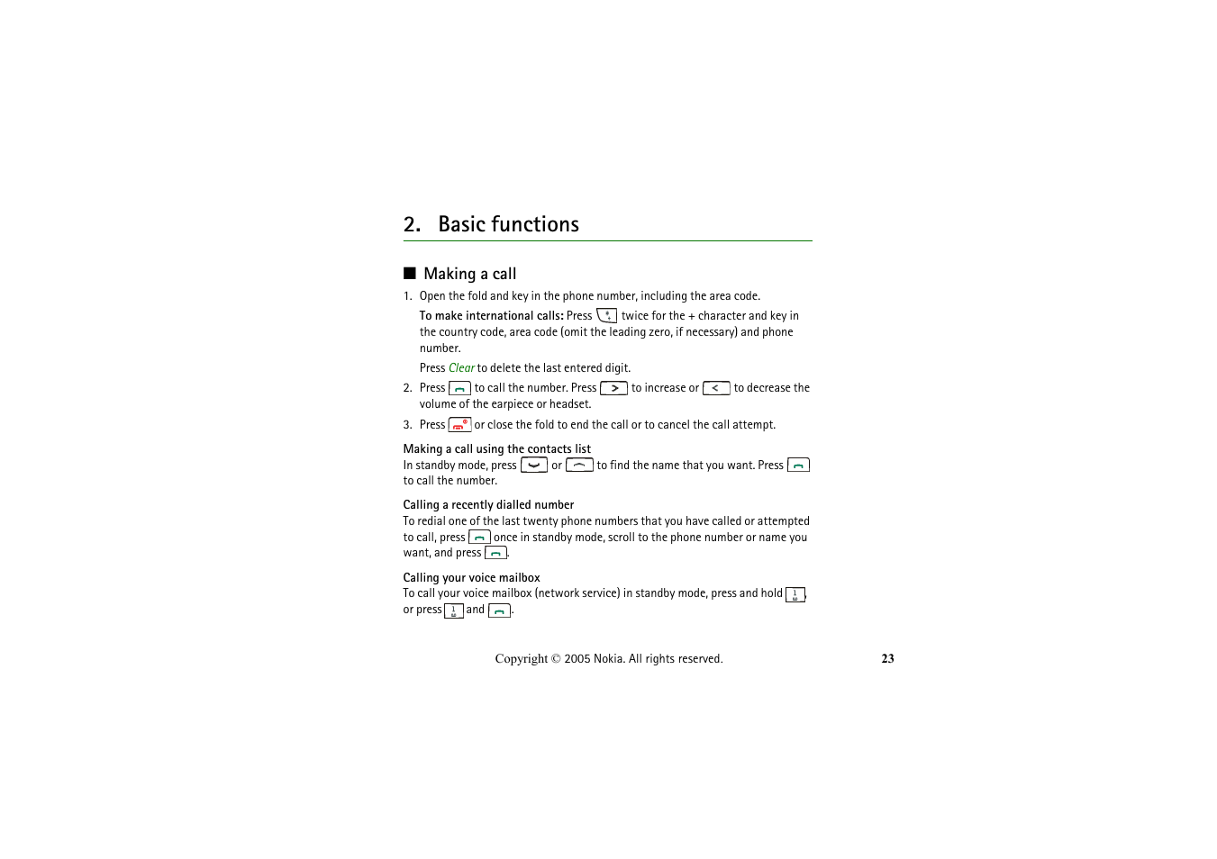 Basic functions, Making a call | Nokia 2652 User Manual | Page 23 / 99