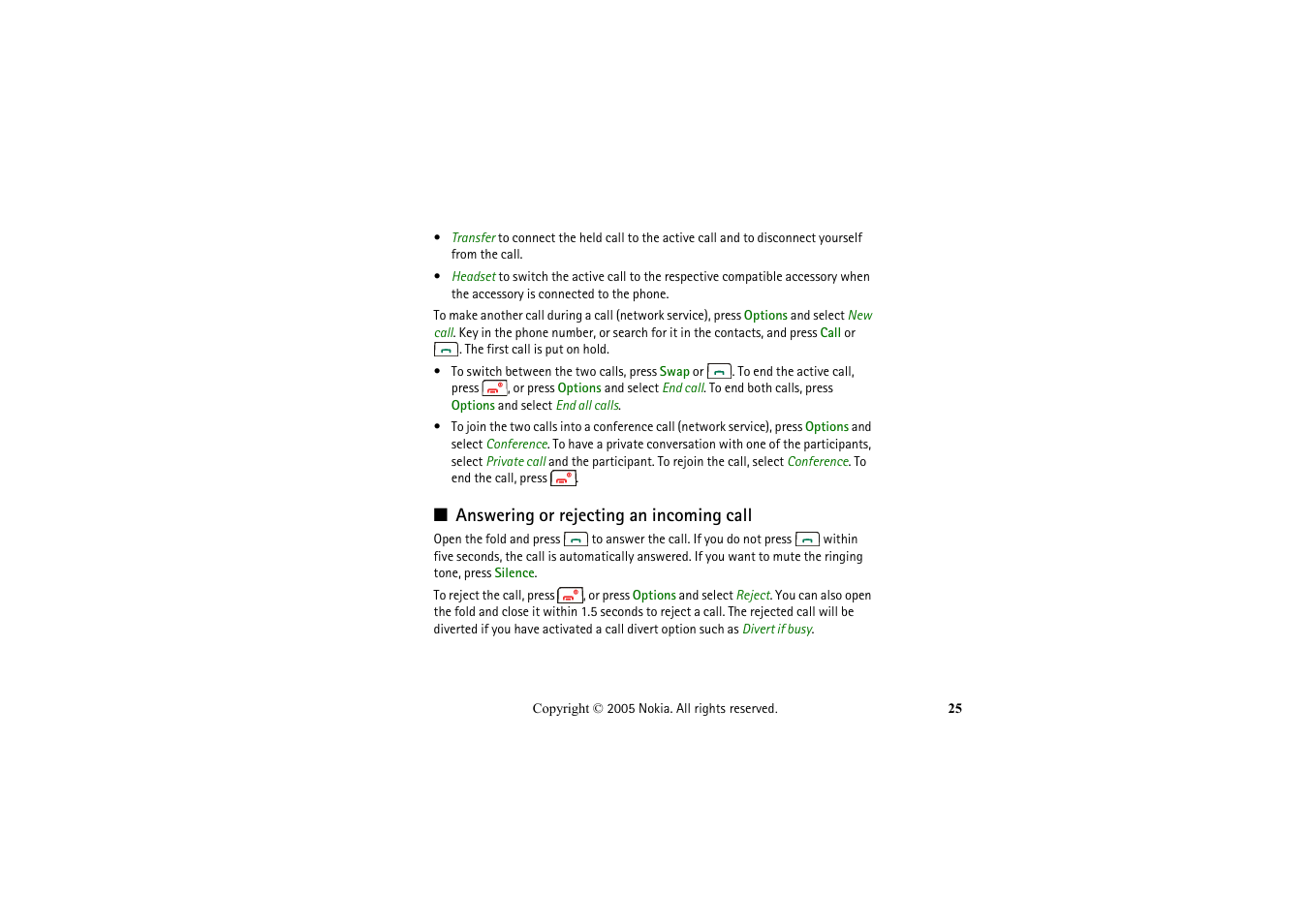 Answering or rejecting an incoming call | Nokia 2652 User Manual | Page 25 / 99