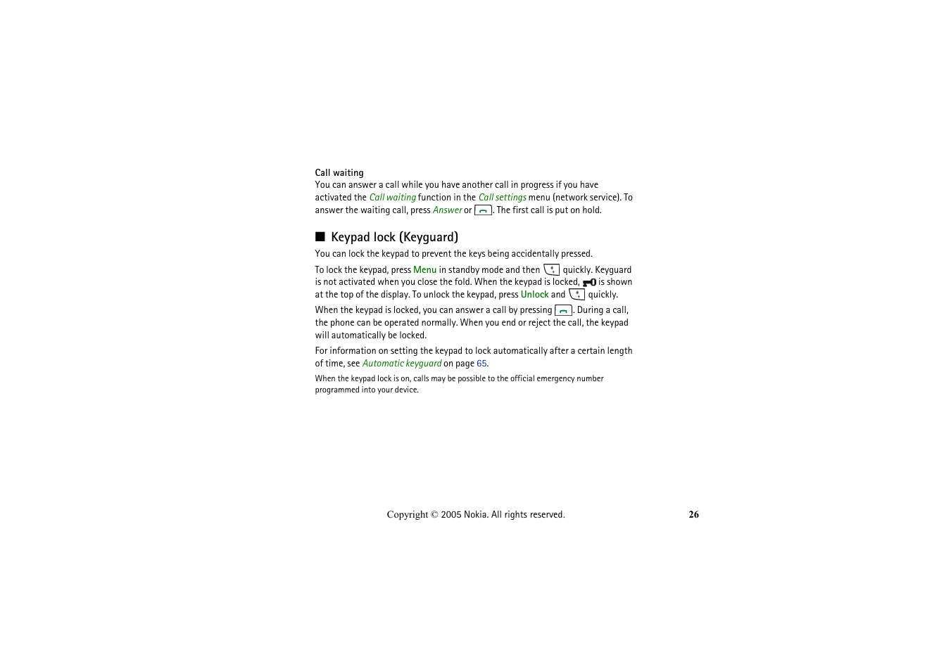 Keypad lock (keyguard) | Nokia 2652 User Manual | Page 26 / 99