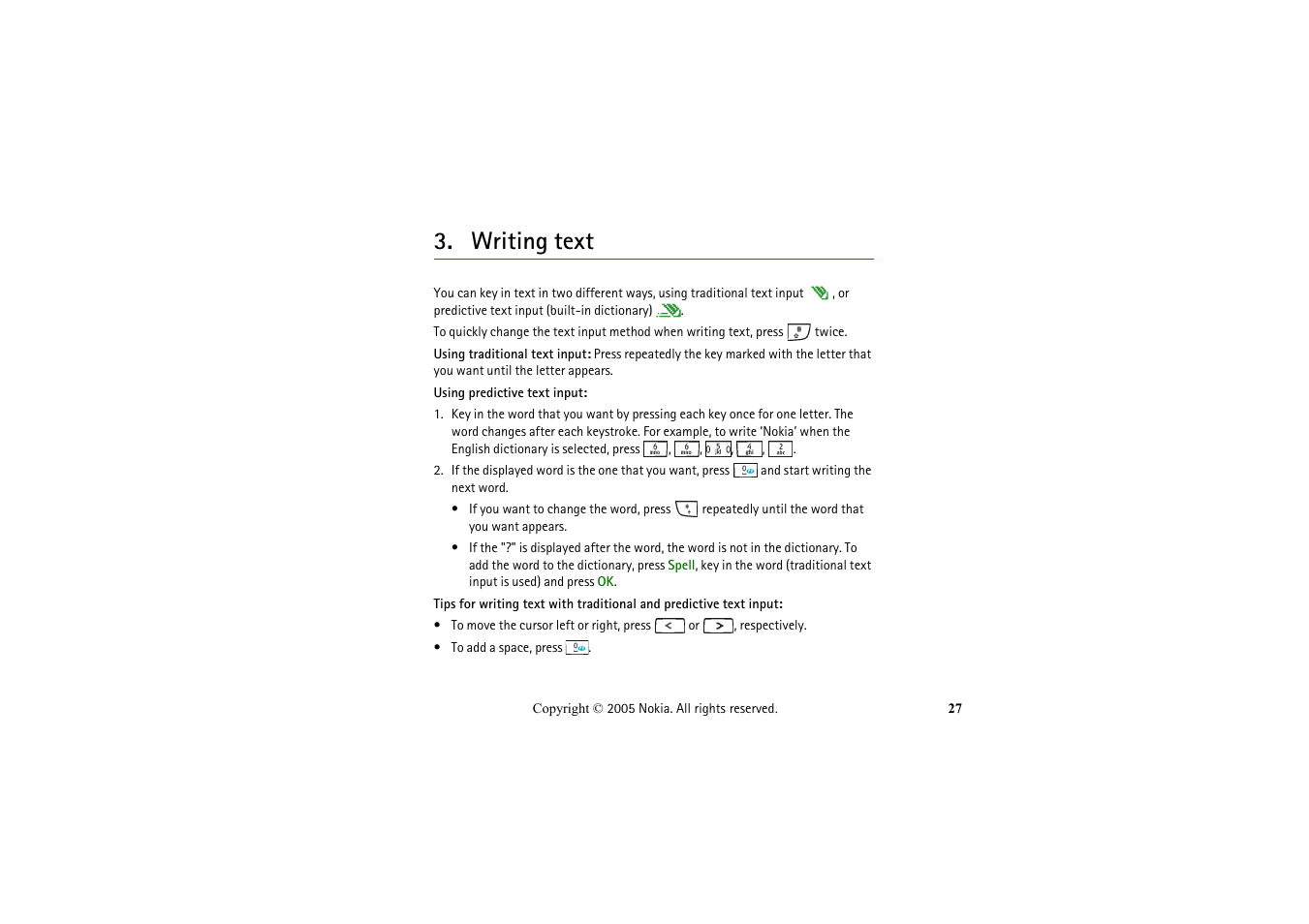 Writing text | Nokia 2652 User Manual | Page 27 / 99