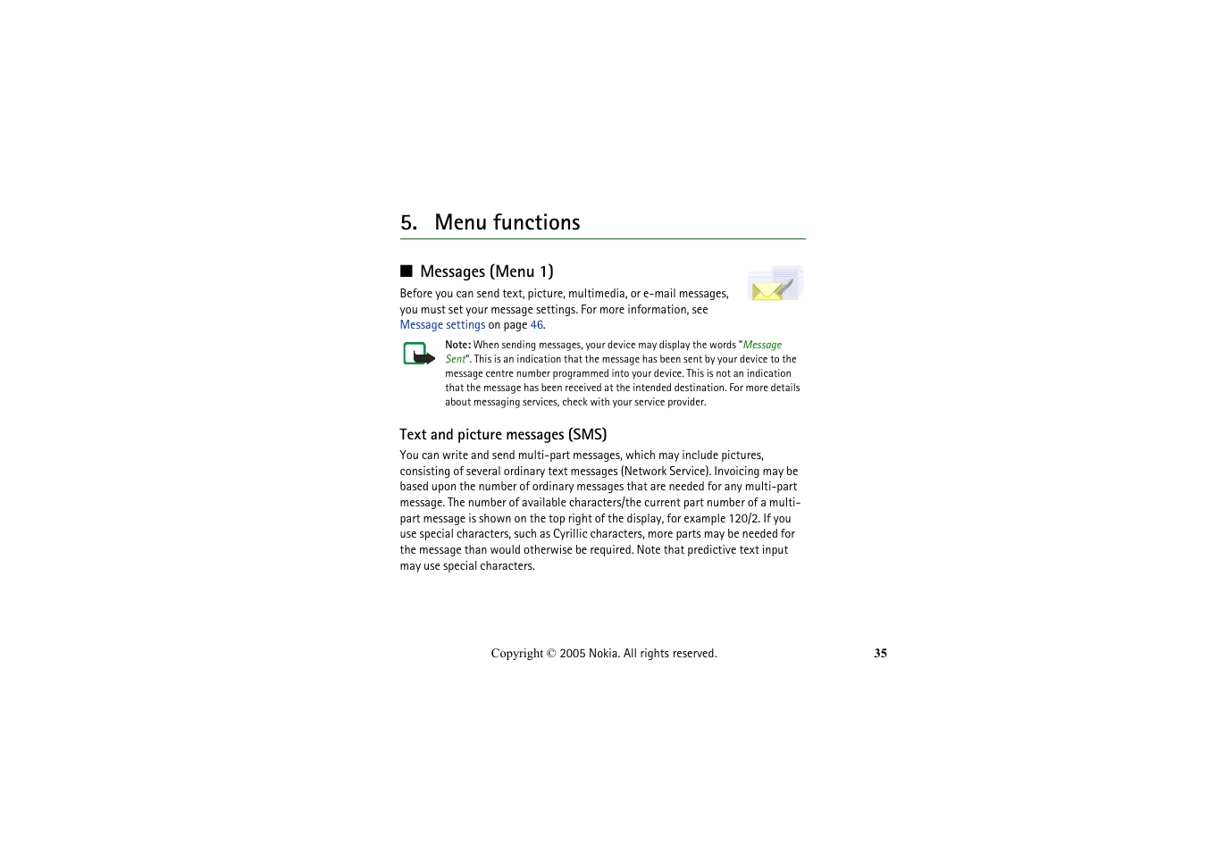 Menu functions, Messages (menu 1), Text and picture messages (sms) | Nokia 2652 User Manual | Page 35 / 99