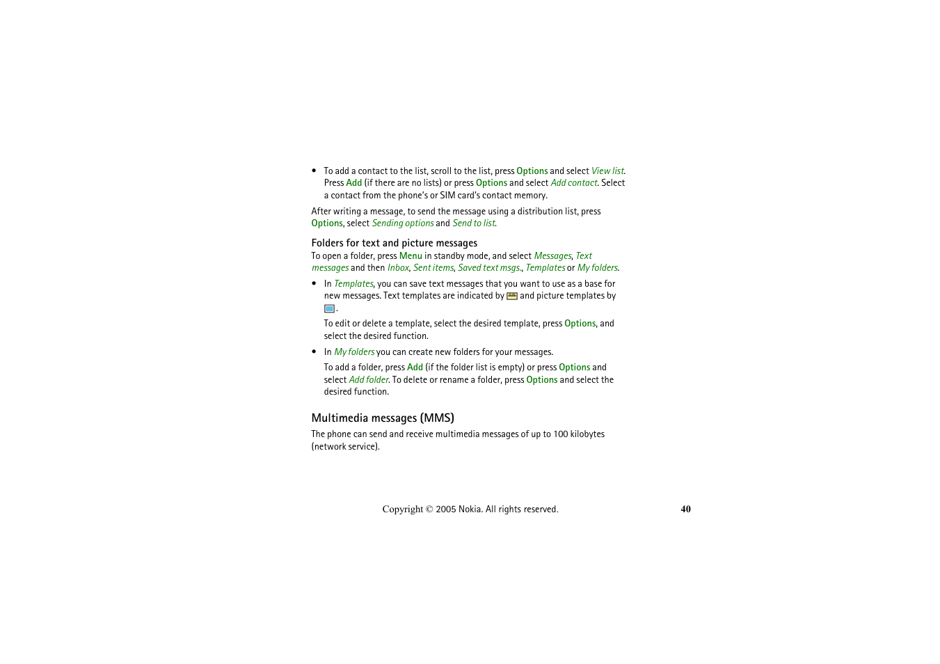 Folders for text and picture messages, Multimedia messages (mms) | Nokia 2652 User Manual | Page 40 / 99