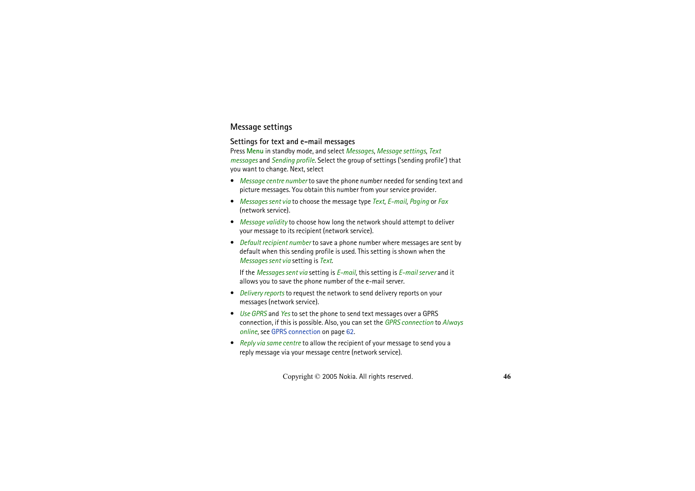 Message settings, Settings for text and e-mail messages | Nokia 2652 User Manual | Page 46 / 99