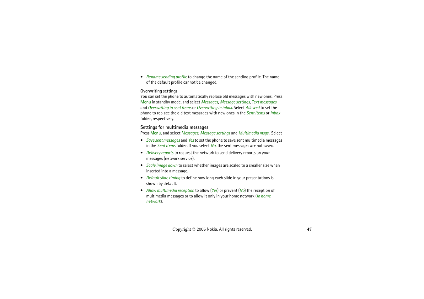 Settings for multimedia messages, Settings, For multimedia messages | Nokia 2652 User Manual | Page 47 / 99