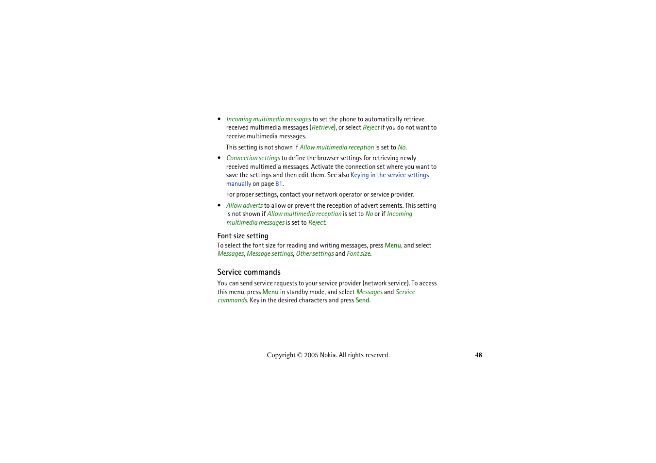 Font size setting, Service commands | Nokia 2652 User Manual | Page 48 / 99