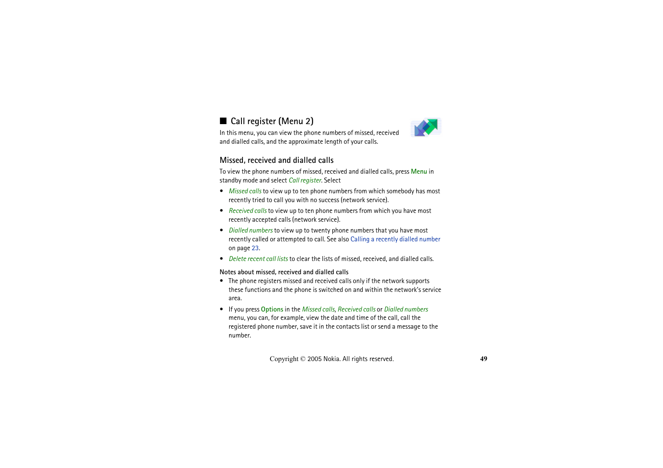 Call register (menu 2), Missed, received and dialled calls | Nokia 2652 User Manual | Page 49 / 99