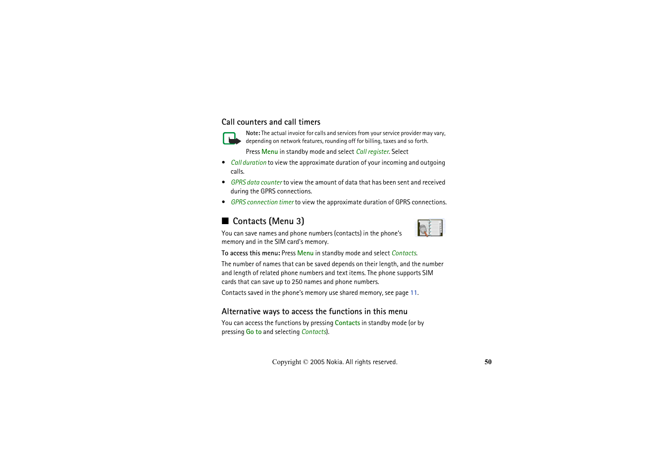 Call counters and call timers, Contacts (menu 3) | Nokia 2652 User Manual | Page 50 / 99