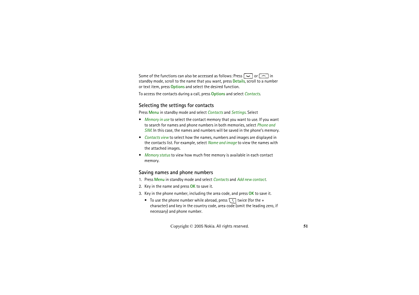 Selecting the settings for contacts, Saving names and phone numbers | Nokia 2652 User Manual | Page 51 / 99