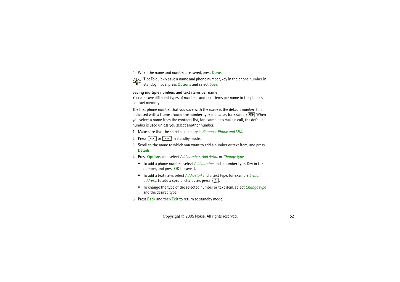 Saving multiple numbers and text items per, Name | Nokia 2652 User Manual | Page 52 / 99