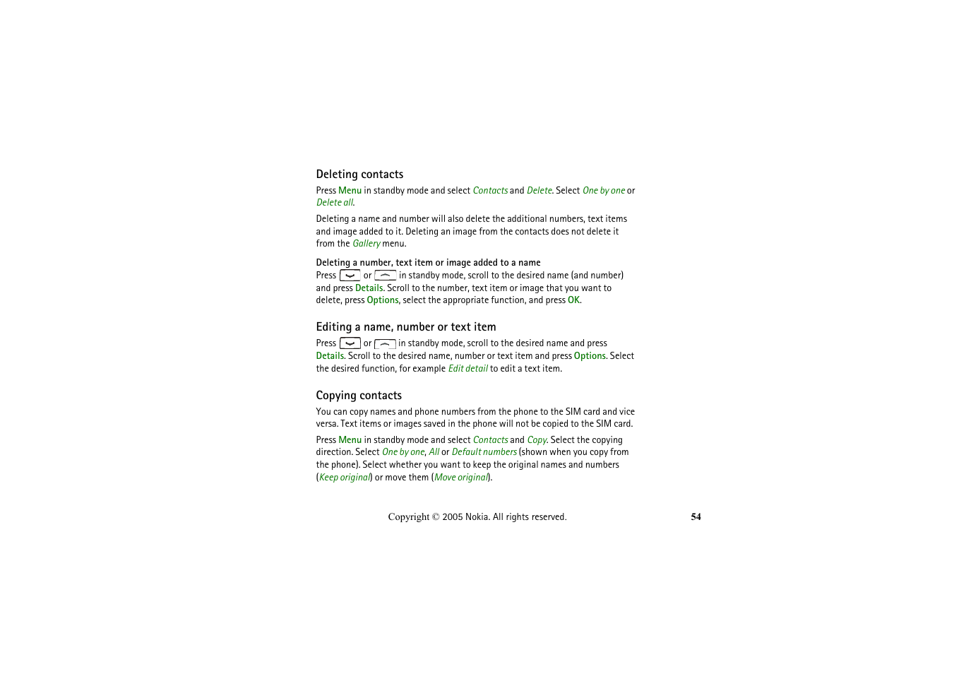 Deleting contacts, Editing a name, number or text item, Copying contacts | Nokia 2652 User Manual | Page 54 / 99
