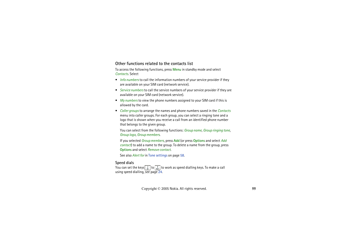 Other functions related to the contacts list, Speed dials | Nokia 2652 User Manual | Page 55 / 99