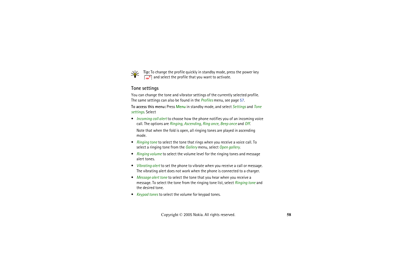 Tone settings, Ings, see | Nokia 2652 User Manual | Page 58 / 99