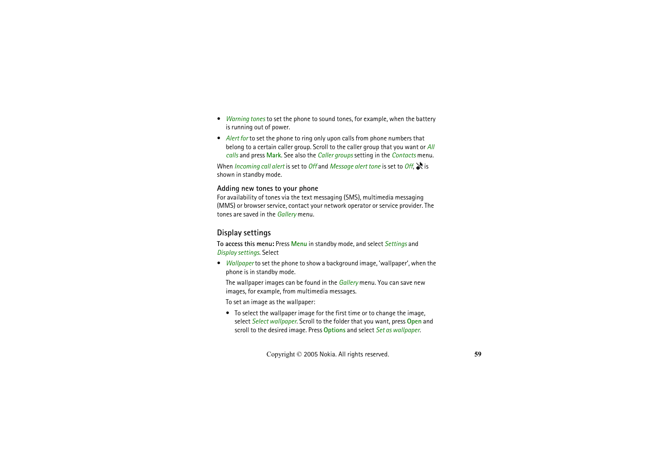 Adding new tones to your phone, Display settings | Nokia 2652 User Manual | Page 59 / 99