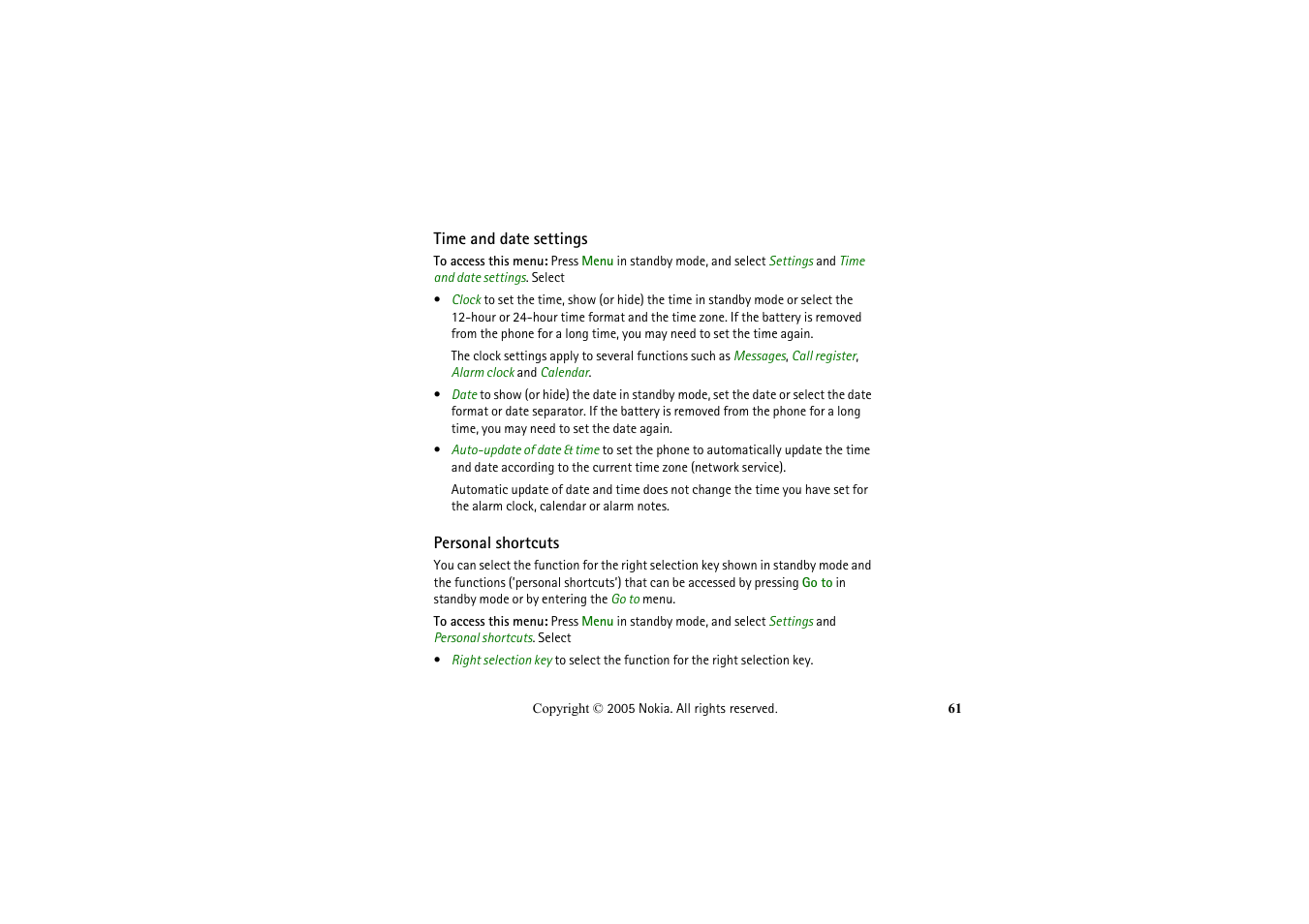 Time and date settings, Personal shortcuts, Time and date settings personal shortcuts | Nokia 2652 User Manual | Page 61 / 99