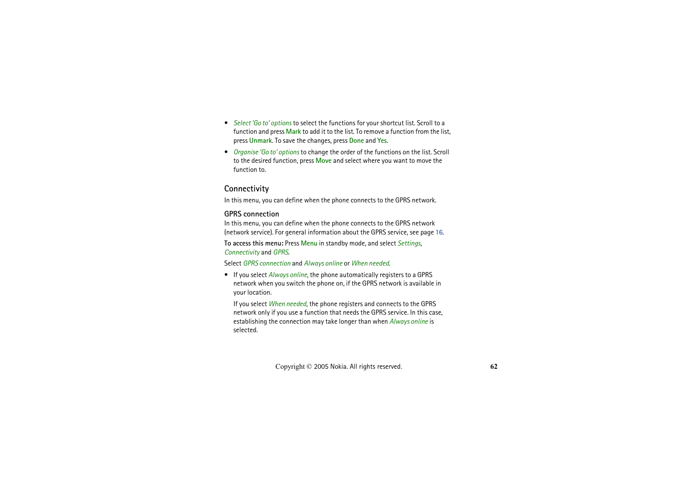 Connectivity, Gprs connection, Gprs | Connection | Nokia 2652 User Manual | Page 62 / 99