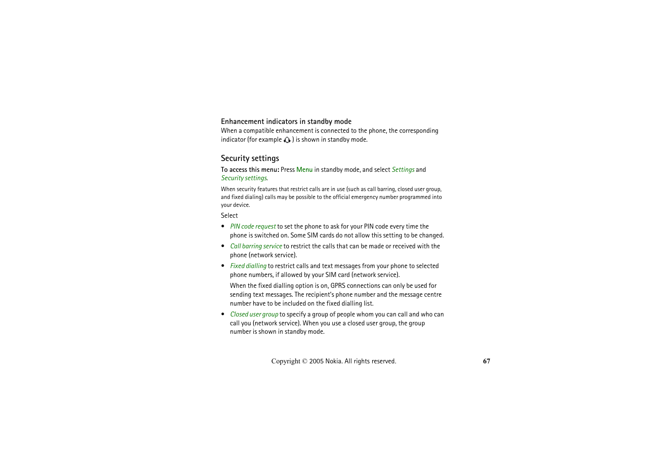 Enhancement indicators in standby mode, Security settings | Nokia 2652 User Manual | Page 67 / 99