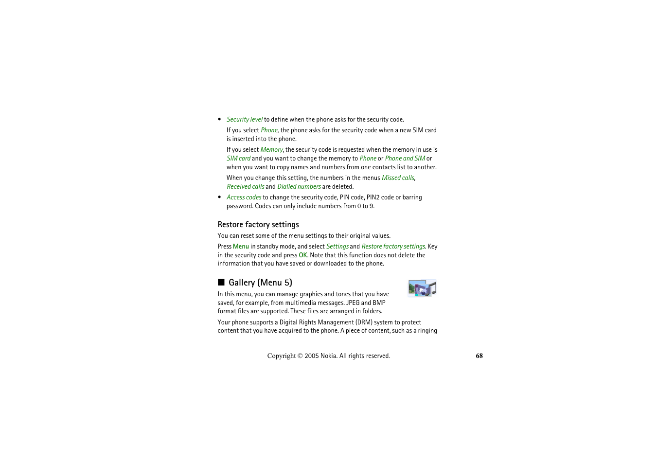 Restore factory settings, Gallery (menu 5) | Nokia 2652 User Manual | Page 68 / 99