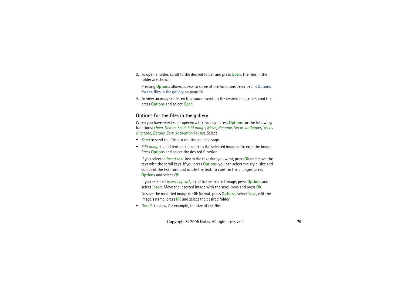 Options for the files in the gallery | Nokia 2652 User Manual | Page 70 / 99