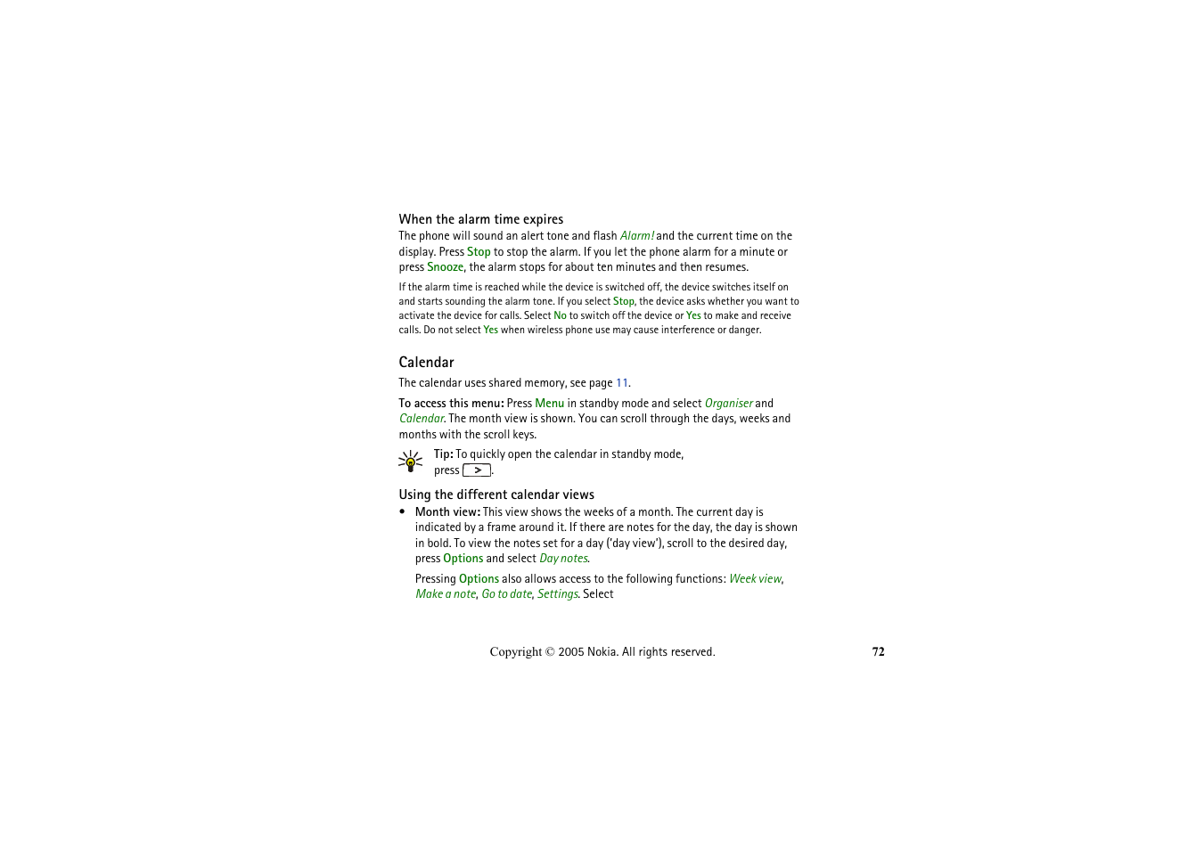 When the alarm time expires, Calendar, Using the different calendar views | Browser security | Nokia 2652 User Manual | Page 72 / 99