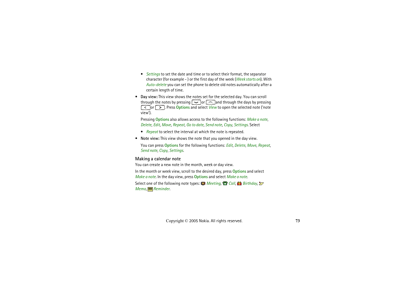 Making a calendar note | Nokia 2652 User Manual | Page 73 / 99