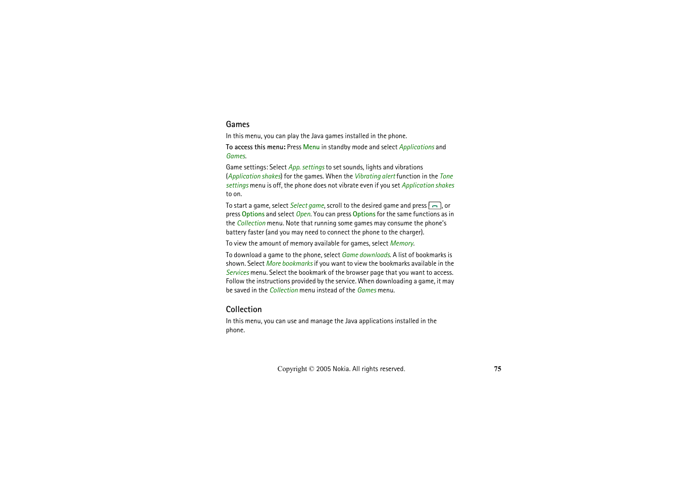 Games, Collection, Games collection | Nokia 2652 User Manual | Page 75 / 99